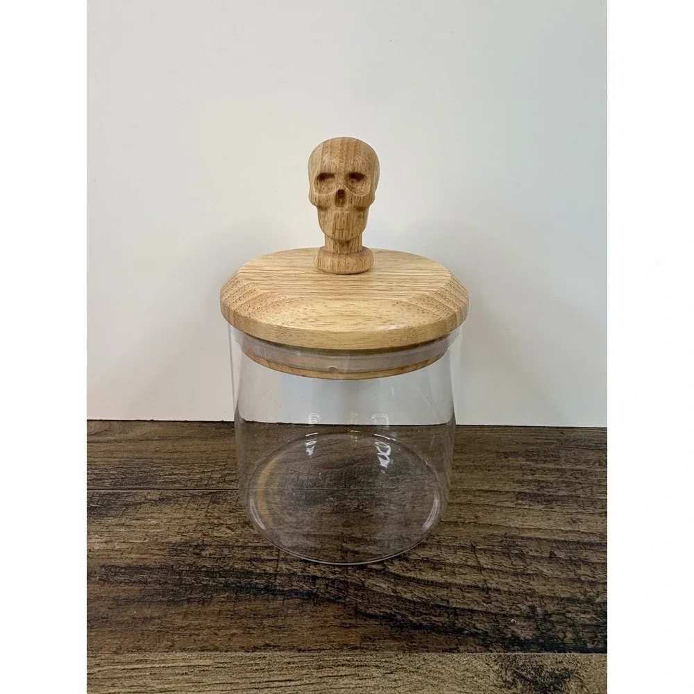 Clear Glass Jar Dish With Wooden Skull Lid Halloween Skeleton